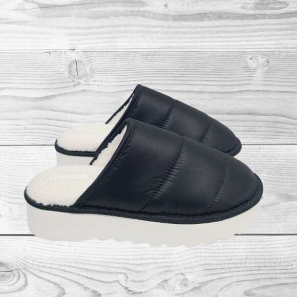 Maeve Anthropologie Slippers M‎ Black Nylon Quilted Puffer Sherpa Lined Slip-On - Picture 1 of 11